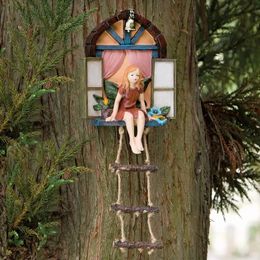 Fairy House Tree Hanging Sculpture Window Fairy Ladder Resin Statue Figurine Outdoor Ornament for Home Garden Yard Art Decor 240520