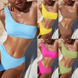 One Shoulder Bikini Textured Swimwear High Cut Swimsuit Solid Bathing Suit Women Brazilian 2024 Fashion L2405