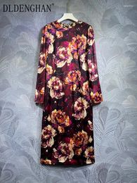 Casual Dresses DLDENGHAN Spring Summer Silk Split Dress Women O-Neck Long Sleeve Floral Print Vintage Hip Wrap Pencil Designer