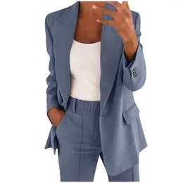 Women's Two Piece Pants Stylish Suit Coat Faux Pockets Women Solid Colour Cardigan Outwear Turndown Collar Jacket Blazer Sets