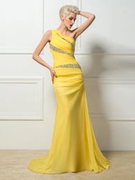 Modern One Shoulder Mermaid Evening Dresses Pleats Beaded Chiffon Long Prom Dress Open Back Yellow Sexy Trumpet Formal Party Events Gowns For Women 2024