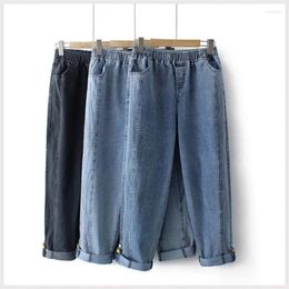 Women's Jeans Oversize Middle-age Womens Loose Spring Autumn Blue Black Denim Straight Pants Female Casual Trousers Elastic Waist