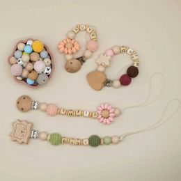 Pacifier Holders Clips# INS baby pacifier clip Personalised name love beech flower silicone bead cork dummy clip teeth toy newborn product d240521