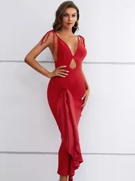 Casual Dresses Women Summer Sexy Ruffles Key Hole Backless Knitted Elegant Celebrity Street Evening Nightclub Party Midi Bandage Dress Red