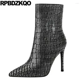 Boots Snake Skin High Heels 44 Ultra Thin Pointed Toe Large Size Kitten Heel Ankle Women Shoes 33 Python Leather Small Cow Zip