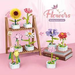 Blocks Bouquet Building Block Set Plant Potted Bricks Toys Sunflower Rose Tulip Simulation Flower Desktop Ornament Girls Romantic Gifts H240521