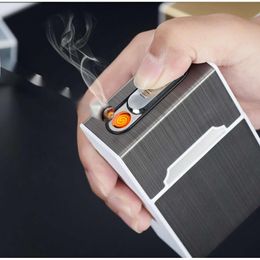 20Pcs Capacity Metal Cigarette Case Box With USB Lighter Windproof Rechargeable Cigarette Lighter Customizable Patterns