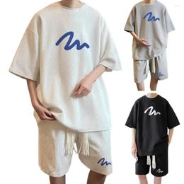 Men's Tracksuits Korean Fashion Waffle Suit Summer Short Sleeve Top Shorts Men Sets Sportswear Jogging Tracksuit 2-piece Set Print Outfits