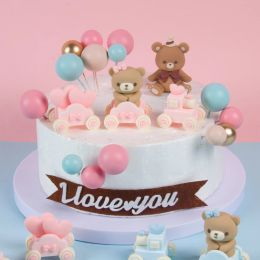 Birthday Cake Topper Cute Pink Blue Baby Bear Train Boy Girl 1st Birthday Party Cake Decor Balls Insert baby shower supplies