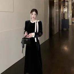 Casual Dresses Dress With Bow Round Neck Velvet Long Sleeves Black Temperament Mid-length Slim Waist Knitted A-line Skirt For Outer Wear