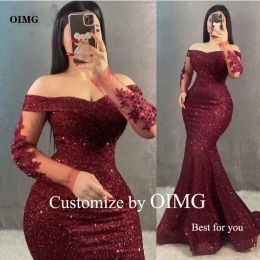 Sparkly Glitter Burgundy Mermaid Evening Dresses Off Shoulder Long Sleeves Lace Flowers Women Formal Event Prom Gowns Plus Size