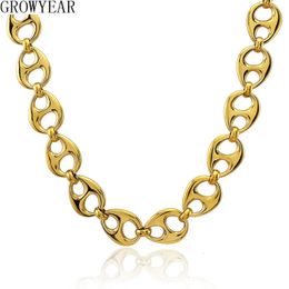 Stainless Steel Oval Button Links Pendant Necklace Choker Gold Colour Statement Necklace 15mm Wide Fashion Modern Party Jewellery 240509