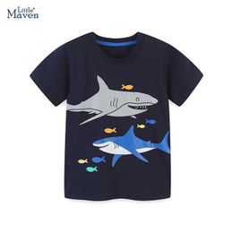 T-shirts Little maven 2024 Childrens Clothes Summer Baby Boys T-shirt Cotton Sequin Shark Cool Tops for Kids 2-7 year Y240521