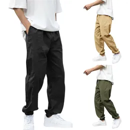 Men's Pants Men Cargo Spring Fall Elastic Waist Drawstring Casual Loose Large Pocket Male Straight Wide Leg Trousers