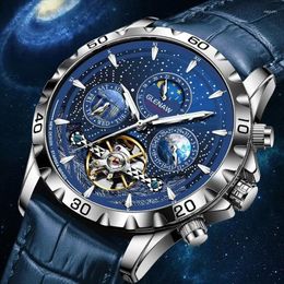 Wristwatches GLENAW Starry Sky Moon Phase Mechanical Watches For Men Automatic Business Wristwatch Waterproof Skeleton Tourbillon Watch