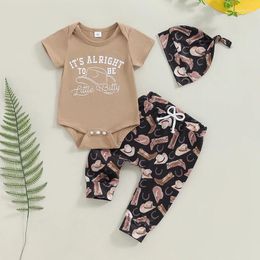 Clothing Sets 2024-04-30 Lioraitiin Born Baby Boy Western Outfit Letter Print Short Sleeve Romper Boot Pants Hat Set