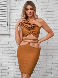 Work Dresses 2024 Women Summer Sexy Halter Backless Sparkly Gold Ruffles Lacing Bandage Skirt Set Knitted Elegant Evening Club Party Dress