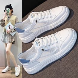 CXJYWMJL Genuine Leather Women Court Sneakers Summer Mesh Casual Vulcanized Shoes Ladies Breathable Sports White Skate Shoes