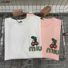 Miu Family Cherry Bead Letter Short sleeved Tshirt for Womens SpringSummer New Small Fresh Ageing Solid Colour Round Neck Top