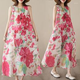 Casual Dresses 2024 Arrival Summer Women Loose Fit O-neck Sleeveless Mid-calf Dress A-line Floral Print Cotton Linen V549