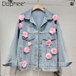 Women's Jackets Streetwear Three-Dimensional Flowers Jean Jacket 2024 Spring Loose Long Sleeve Denim Clothing Blue For Women