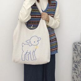 Bag Belvah Korean Style Women Cute Lamb Embroidery Shoulder Simple Handbag Tote Large Capacity Lightweight Lady Shopping Satchel