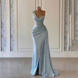 Mermaid Light Blue Evening Dresses 2024 One Shoulder High Split Glitter Party Prom Gowns Custom Made