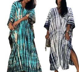 Women Summer Plus Size Maxi Kaftan TieDye Striped Print VNeck Boho Hippie Beach Dress Loose Bikini Swimsuit Cover Up Women0397501658