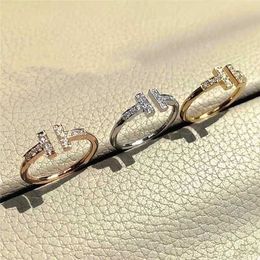 Designer Brand double T full diamond ring 925 Sterling Silver Plated 18k rose gold opening T-shaped female