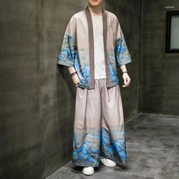 Ethnic Clothing Chinese Style Men's Vintage Printed Suit Japanese Cardigan Wide Leg Pants 2Pcs Male Kimono Fashion Haori Yukata Streetwear