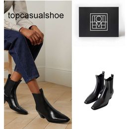 Toteme Autumn Shoes 23 Women's New Black Calf Leather Square Pointed Middle Heel Cowboy Boots