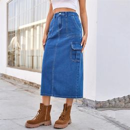 Skirts Benuynffy Elastic Waist Slit Washed Cargo Denim Skirt For Women Summer Retro Street Style Casual Straight Long 2024