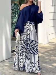 Freeacy Navy Blue One-shoulder Puff Sleeves Shirt Top and Printed Wide Leg Skirt Pants Loose Casual Two Piece Set for Women 240514