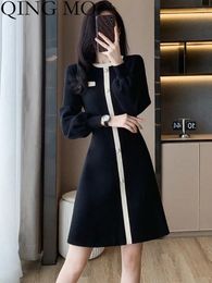 Casual Dresses QING MO 2024 Autumn Winter Outerwear Woollen Dress Women Small Fragrant Style Lantern Sleeve Round Neck Knitted ZXF4137