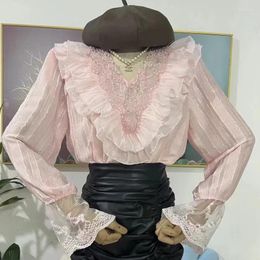 Women's Blouses Luxury Beaded Sequined Stitch Lace White Black Pink Sexy Shirts For 2024 Spring Summer Long Sleeve Tops Blusas