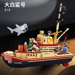 Model Set 592PCS Shark Ship Trawler Model Building Block Pirate Ship Sea Fisher White Shark Digital MOC Toys and Stickers S2452196