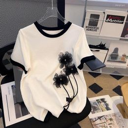 Women's T Shirts 2024 Beading Flower Thin Short Sleeve Sweater Women Knitted T-Shirt Korean O-Neck Elegant Black White Pullover Jumper Top