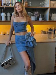 Work Dresses 3D Rose Blue Denim Hip Wrap Half Skirt Sets Spaghetti Strap Sleeveless Spicy Girl Tank Top Two Piece Set