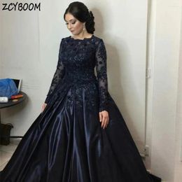 Party Dresses Elegant Navy Blue O-Neck Appliques Sequin Long Sleeves Evening Dress 2024 Charming A-Line Floor Length Stain Zipper Prom