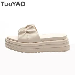 Slippers 6cm Slides Mules Weave Genuine Leather Ladies Casual Fashion Women Slip On Sandle High Brand Platform Wedge Shoes