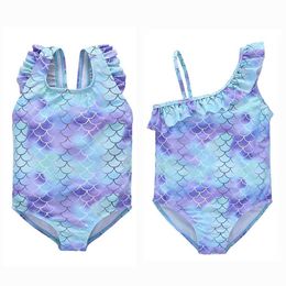 One-Pieces 1-6Y toddler one-piece swimsuit with pleated shoulder straps swimsuit childrens blue mermaid swimsuit sleeveless d240521