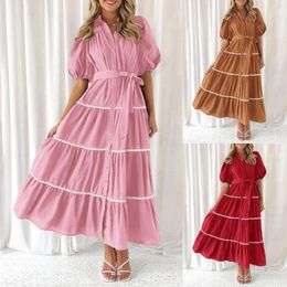 Casual Dresses Evening Outfits Women'S Summer Button Up Short Sleeve Layered Pleated Flowing Long Skirt Vestido Mujer Elegante