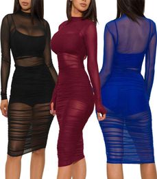 Women Dress Sexy Crop Tops Shorts Dresses Sets Long Sleeve Mesh Bodycon Ladies Nightclub Dress Female Three Piece Dresses 0508183138320