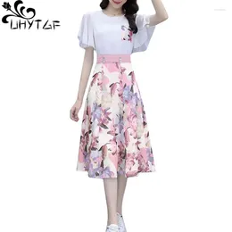 Work Dresses UHYTGF Women's Suit Summer Two-Piece Set Female Korean Fashion Chiffon Print T-Shirt Skirt High Waist A Line Ladies 72