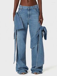 Women's Jeans Designer Vintage Wash Bow Embellished High-waisted 2024 Summer Fashion Luxury All-match Wide-leg Pants