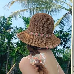 Wide Brim Hats Fashion Summer Outdoor Paper Straw Hat Women Beach Holiday Sun Hand Woven Flowers Bucket