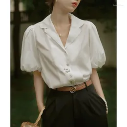 Women's Blouses French Niche Chic Shirt Embroidered Bud Summer Short-sleeved V-neck Blouse Design Puff Sleeve Blusas Female 2024 Tops