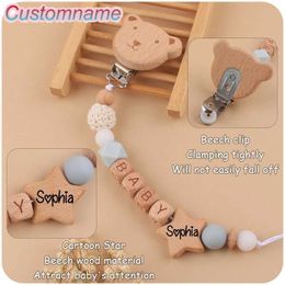 Pacifier Holders Clips# New baby stroller custom name cartoon bear silicone wood ring pacifier clip crown teeth chain teeth clip childrens gift d240521