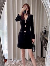 Casual Dresses 2024 Ladies Shiny Diamonds Buttons Slim Black Elegant Robe Women Temperament V-Neck Long Sleeve Mini Dress Autumn