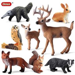 Novelty Games Oenux 8PCS Wild Animals Forest Owl Fox Deer Squirrel Rabbit Action Figure Model Miniature Cake Toppers Education Toy Kids Gift Y240521